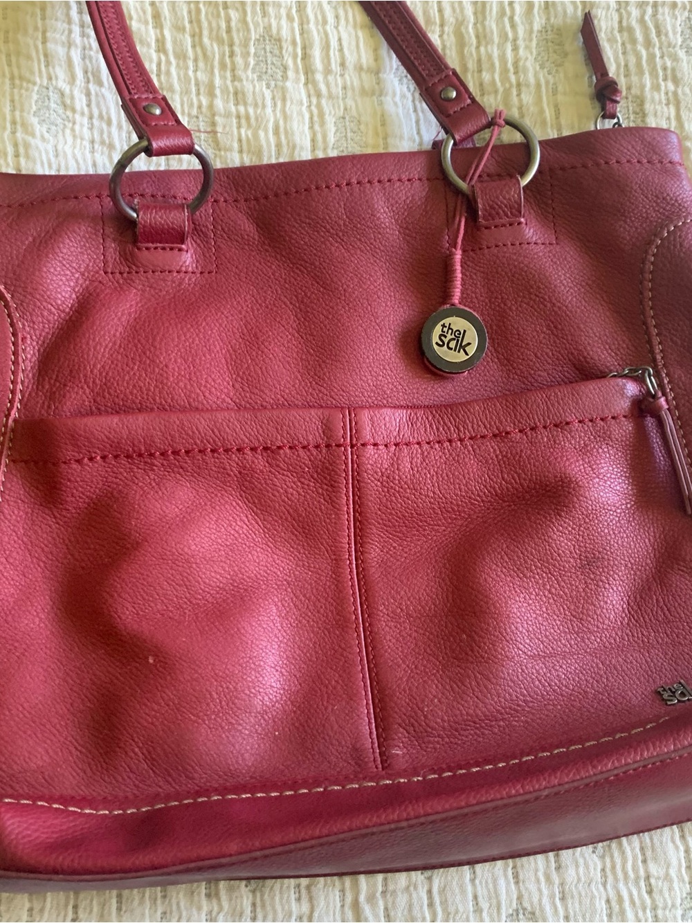 The Sak Red Leather Tote with Front Pocket